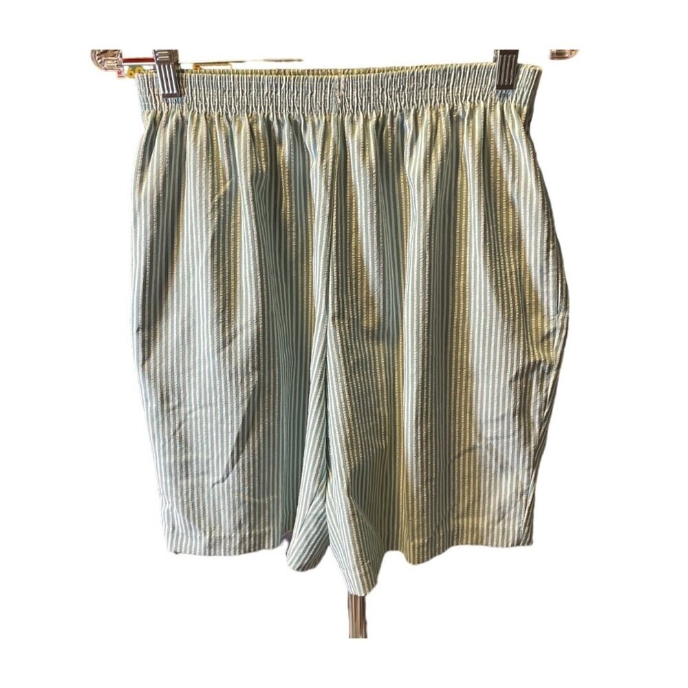 Bon Worth Blue White Seersucker Elastic Waist Pull On Shorts Pockets Sz SP